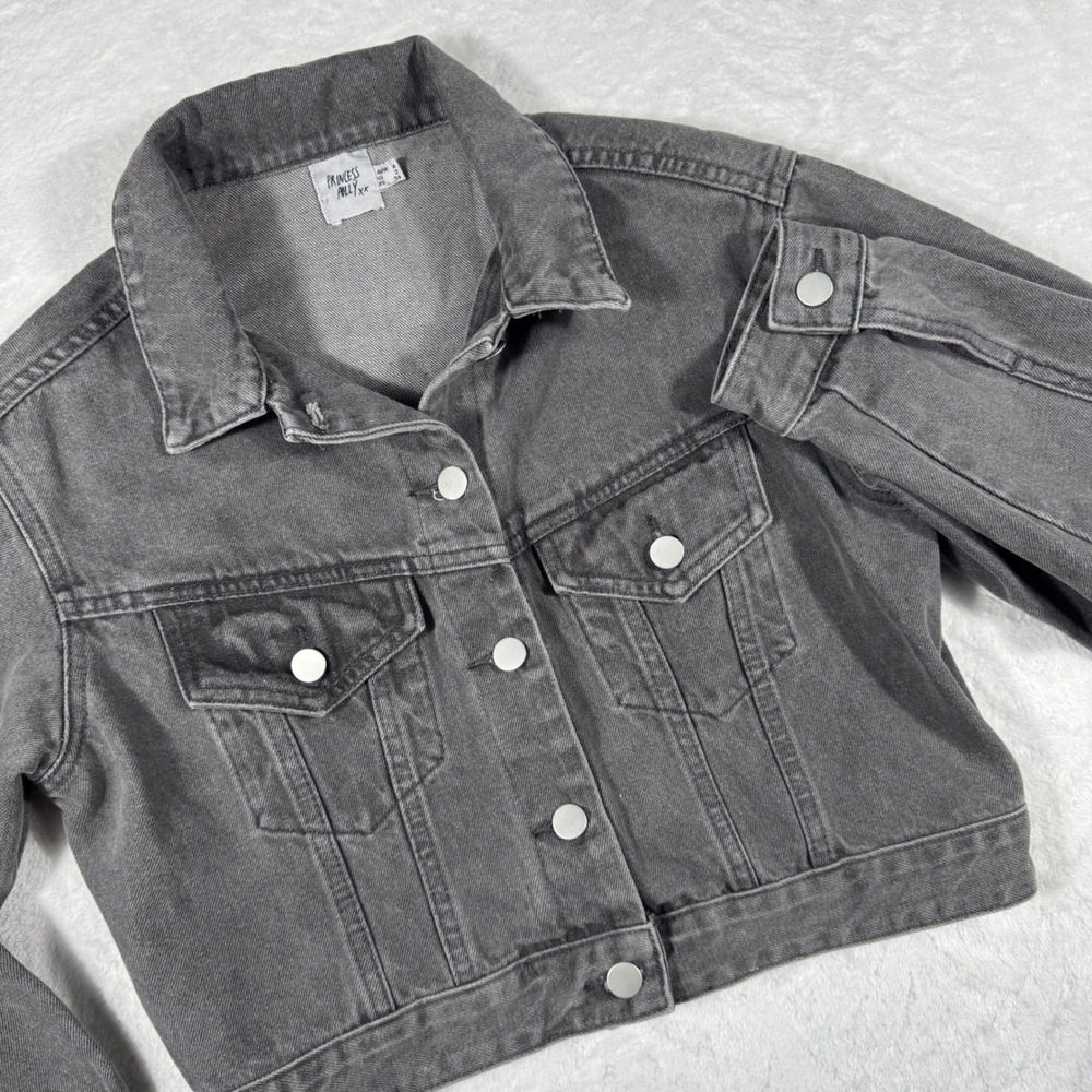 Princess Polly Grey Denim Jacket Cropped‎ Button Front Washed Charcoal US 2